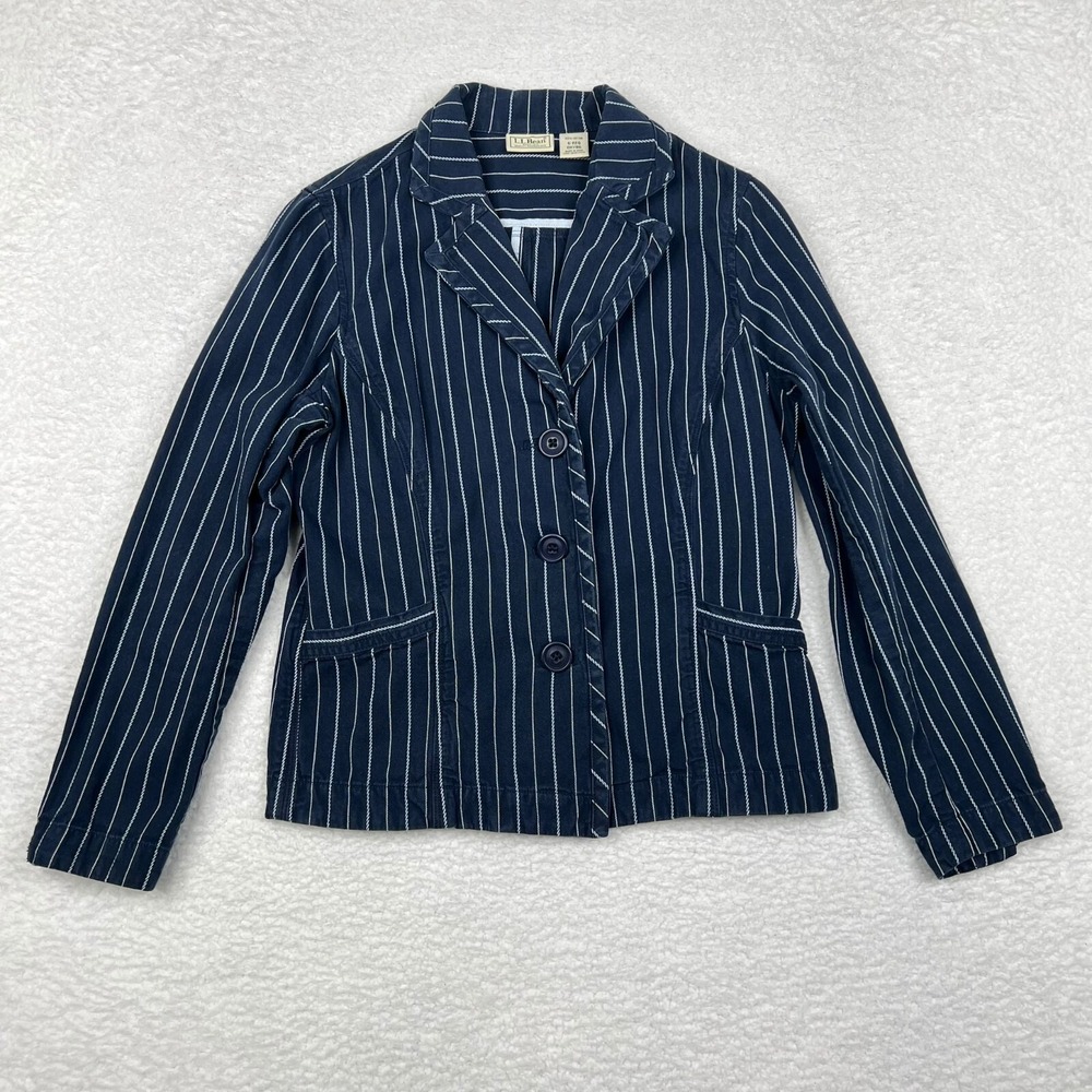 LL Bean Blazer Womens 6 Navy Blue Striped 3 Button Jacket Business Work Cotton